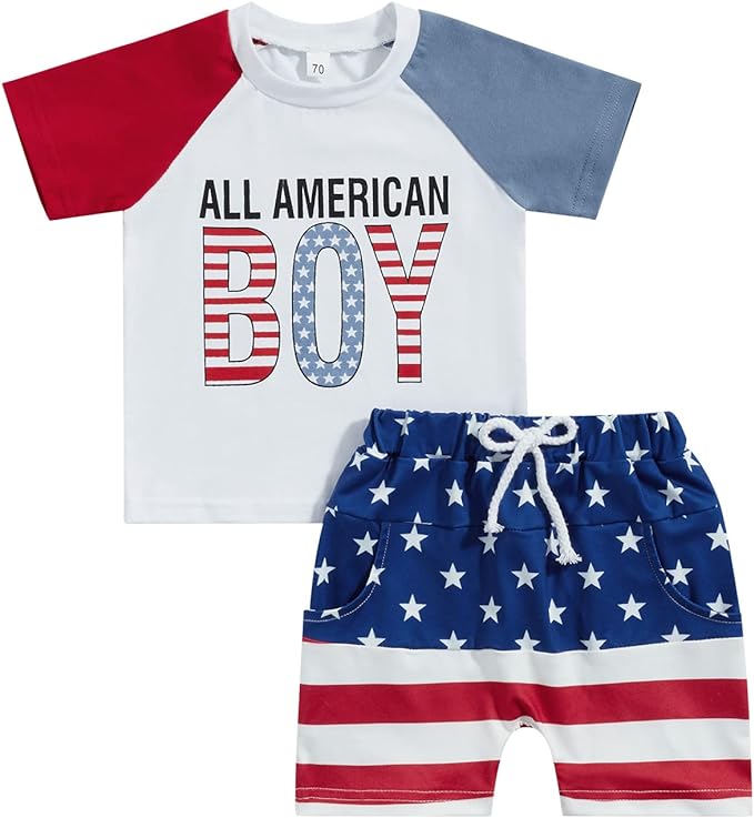 Photo 1 of 4th of July Baby Boy Outfit Crewneck Letter Print T Shirt Tops Elastic USA Flag Shorts Cute Toddler Summer Clothes
