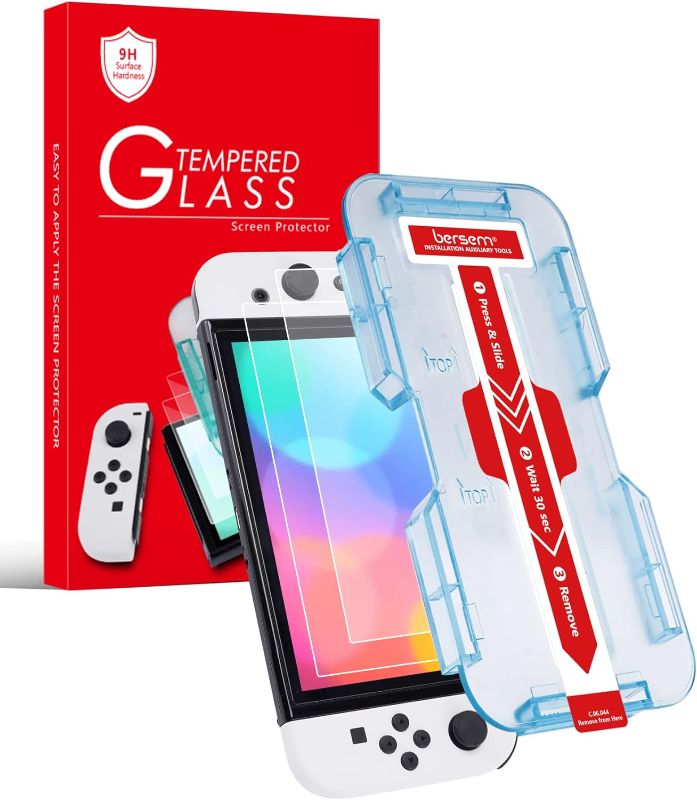 Photo 2 of 2 Pack Tempered Glass Screen Protector Compatible with Nintendo Switch OLED 7 inch 2021, Auto Alignment Kit/9H Hardness/Transparent HD Clear/Anti-Scratch/Bubbles Free/High Response