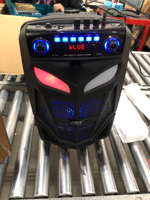 Photo 3 of Pyle Portable Bluetooth PA Speaker System-600W 10” Indoor/Outdoor BT Speaker-Includes 2 Wireless Microphones, Party Lights, USB SD Card Reader, FM Radio, Rolling Wheels-Remote Control 