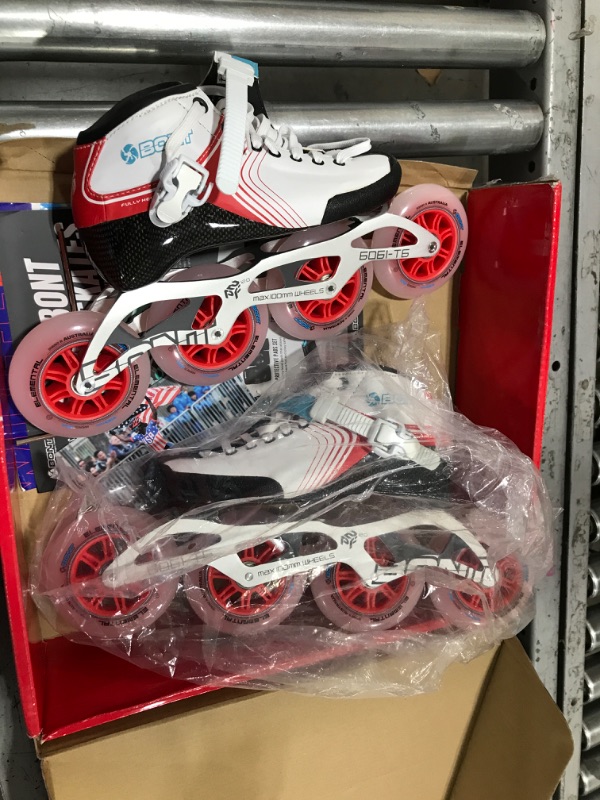 Photo 2 of Bont Skates - Inline Speed Skating Racing Skates - GT4 Skate Boots + 6061 Frame + Elemental Wheels + ABEC5 Bearings White/Red 4.5 (100mm)