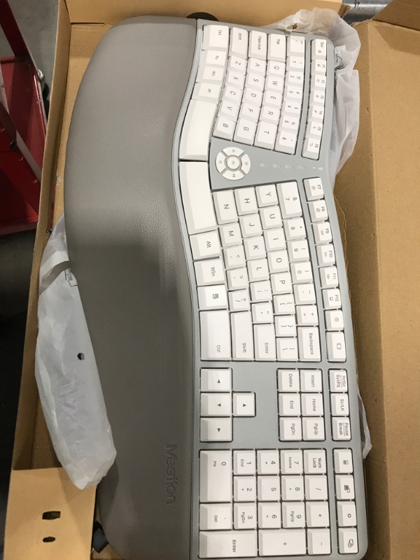 Photo 2 of MEETION Ergonomic Keyboard, Split Wireless Keyboard with Cushioned Wrist, Palm Rest, Curved, Natural Typing Full Size Rechargeable Keyboard with USB-C Adapter for PC/Computer/Laptop/Windows/Mac, Gray Gray White