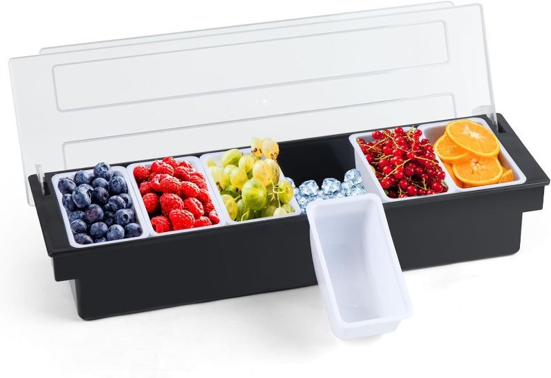 Photo 1 of  Pack Ice Cooled Garnish Tray Deck Bar Garnish Caddy Condiment Containers with Lids and Removable Chilled Condiment Server with 6 Tongs and 6 Fruit Forks for Home Work or Restaurant (4 Compartments)