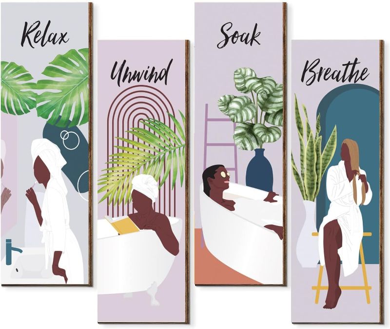 Photo 1 of 4 Pieces Relax Soak Unwind Breathe Sign Decors Boho Bathroom Wooden Wall Decor Minimalist Botanical Rustic Bathroom Wooden Wall Plaque Abstract Boho Bathroom Wooden Wall Painting (Boho -6)
