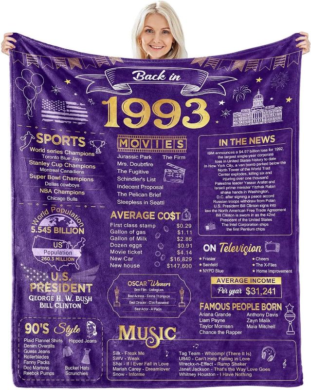 Photo 1 of 30th Birthday Gifts for Women Men Blanket 1993 30th Birthday Anniversary Weeding Decorations Turning 30 Year Old Bday Gift Idea for Wife Husband Girlfriend Boyfriend Back in 1993 Blanket 60Lx50W Inch 