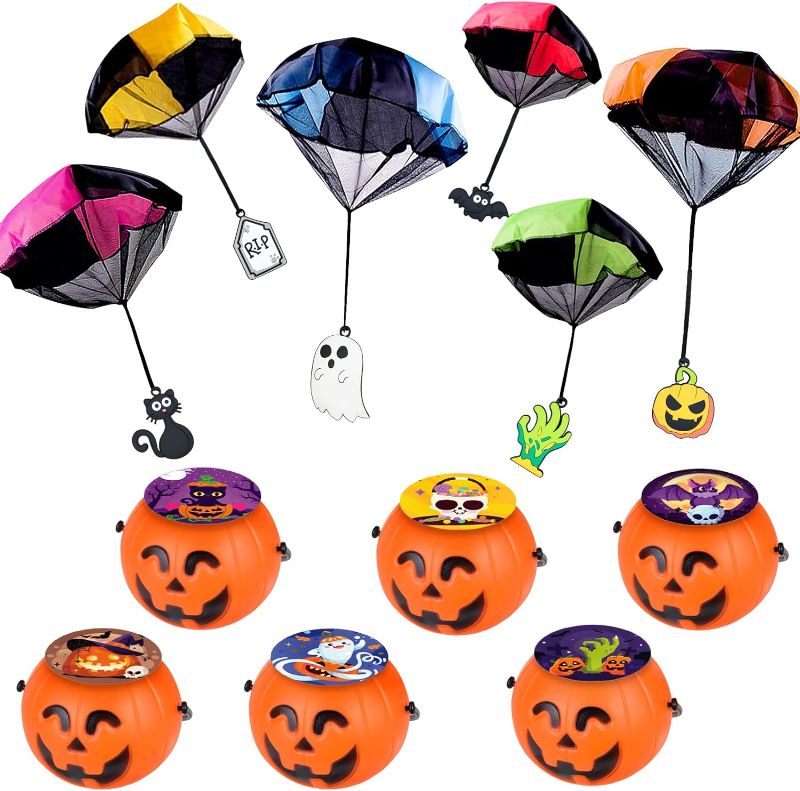 Photo 1 of 6Pack Prefilled Small Pumpkin Buckets with Parachute Toy Halloween Party Favors, Outdoor Hand Throw Flying Toys Halloween Games for Kids Boys Girls Halloween Goodie Bag Fillers Treats Prizes Gifts 