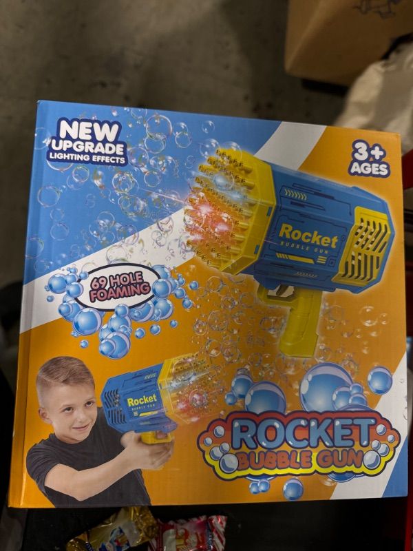Photo 1 of Big Rocket Boom Bubble Blower - 69 Holes Bubbles Rocket Launcher Gun Machine with Colorful Lights for Adults Kids, Giant Foam Maker Guns Toys Wedding Outdoor Party Favors Gift 69 Holes Blue