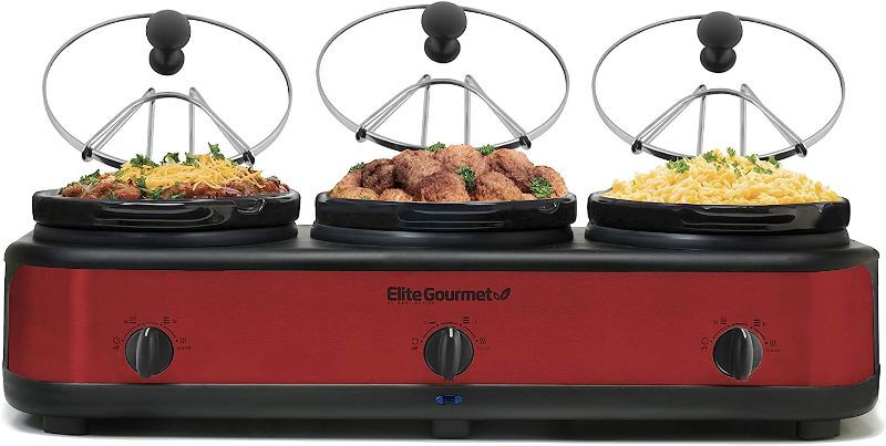 Photo 1 of Elite Platinum EWMST-325R Maxi-Matic Triple Slow Cooker Buffet Server Adjustable Temp Dishwasher-Safe Oval Ceramic Pots, Lid Rests, 3 x 2.5 Qt Capacity, Red
