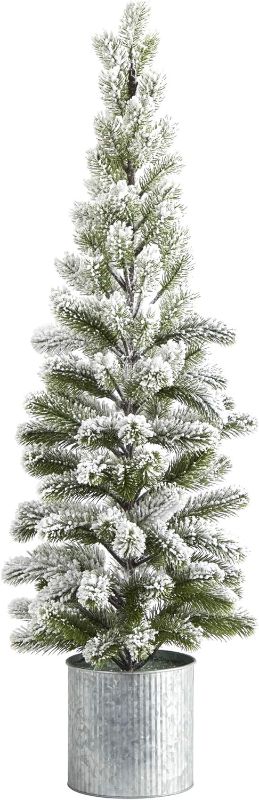 Photo 1 of 3ft. Flocked Christmas Artificial Pine Tree in Tin Planter
