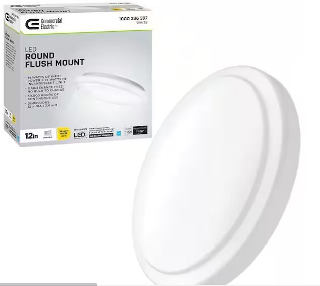 Photo 1 of 12 in. White Round Closet Light LED Flush Mount Ceiling Light 1000 Lumens 4000K Bright White Dimmable Pantry Laundry
