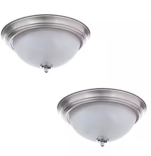 Photo 1 of 11 in. 1-Light Brushed Nickel Flush Mount with Frosted Glass Shade (2-Pack)
