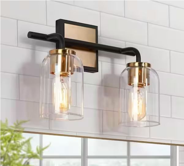 Photo 1 of 13 in. 2-Light Brass Gold Bathroom Vanity Light, Black Wall Sconce for Mirrors, Clear Glass Modern Bath Lighting
