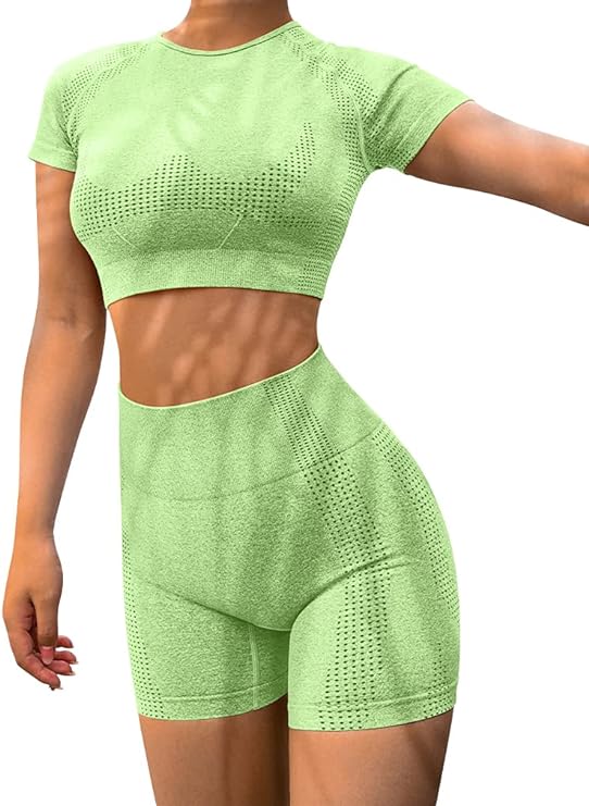 Photo 1 of [Size L] HYZ Yoga 2 Piece Outfits Workout Running Crop Top Seamless High Waist Shorts Sets