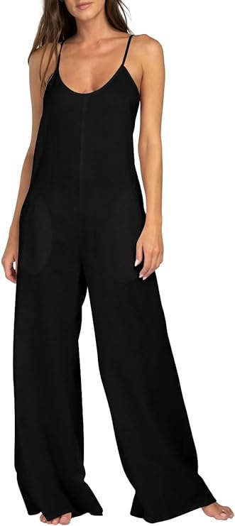 Photo 1 of [Size M] FUNANI Womens Jumpsuits Casual Sleeveless Spaghetti Strap Wide Leg Jumpsuits for Women Loose Stretchy Jumpsuit with Pockets Black Medium