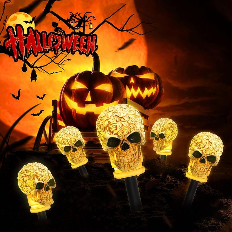 Photo 1 of 5PK Halloween Skull Pathway Lights, Waterproof & Battery Operated Skull Stake Lights for Halloween Decorations Outdoor Garden Yard Pathway Decor https://a.co/d/7IYXxht