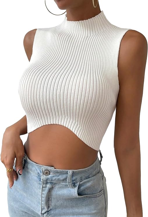Photo 1 of  Women's Mock Neck Sleeveless Asymmetrical Hem Crop Sweater Knit Tank Top Size M