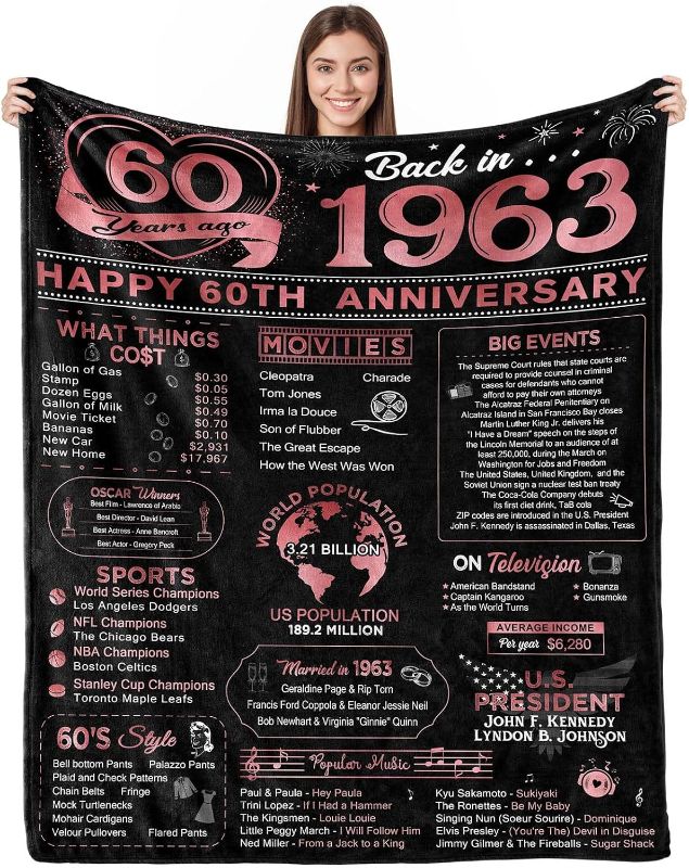 Photo 1 of Yomaisky 60th Anniversary Blanket Gifts Gift for 60th Wedding Anniversary Diamond 60 Years of Marriage Gifts for Mom Dad Grandma Grandpa 60th for Wife Husband Throw Blankets 60Lx50W Inch Rose 