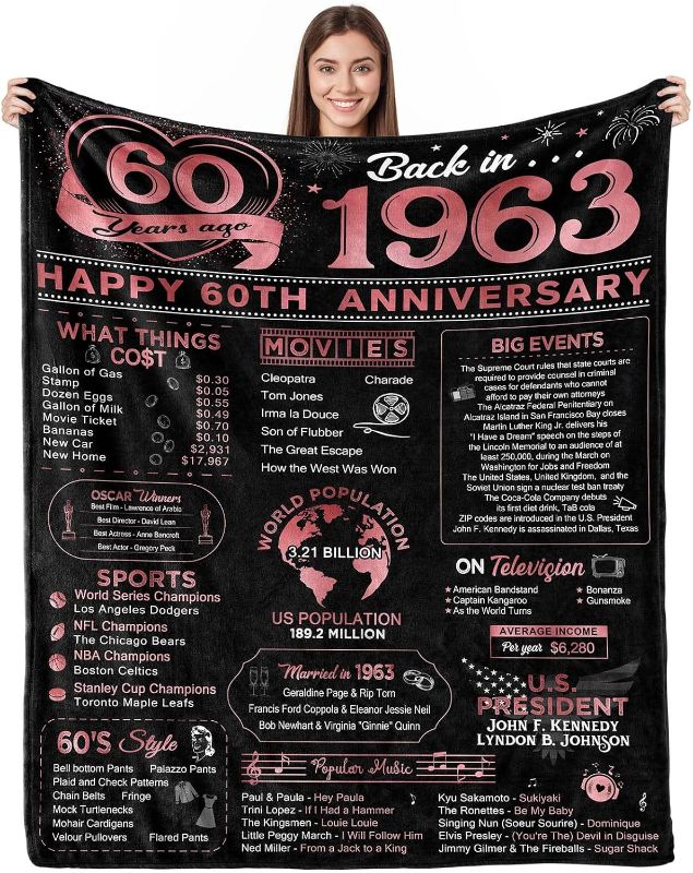 Photo 1 of Yomaisky 60th Anniversary Blanket Gifts Gift for 60th Wedding Anniversary Diamond 60 Years of Marriage Gifts for Mom Dad Grandma Grandpa 60th for Wife Husband Throw Blankets 60Lx50W Inch Rose
