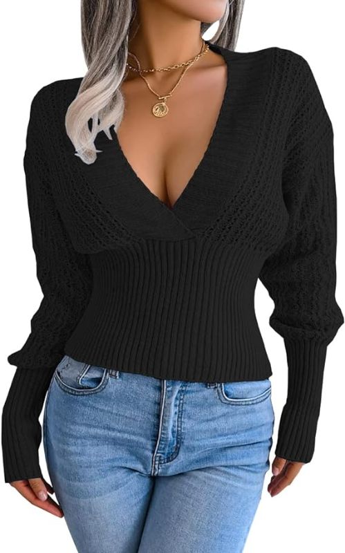 Photo 1 of Bigeoosh Womens Sexy V Neck Sweaters Slim Fit Fashion Long Sleeve Pullover Sweater Fall Solid Knit Tops Size S