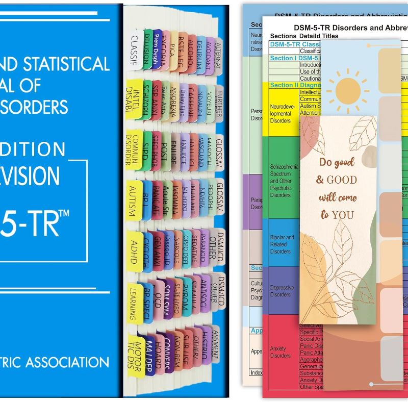 Photo 1 of  DSM-5-TR Index Tabs, Color-Coded and Laminated DSM-V TR Tabs, Including 18 Blank Ones, with Alignment Guide and Bookmark