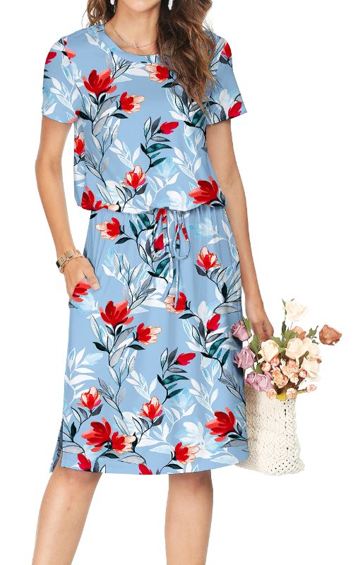 Photo 1 of [Size L] Women Summer Short Sleeve Modest Work Casual Midi Knee Dress Floral- Sky Blue
