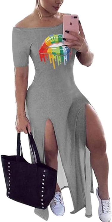Photo 1 of [Size 3XL] Nhicdns Womens Bodycon Maxi Dress Sexy Club Outfit Off The Shoulder Colorful Lip Print 2023 Summer T-Shirt Dress with Splits - Grey