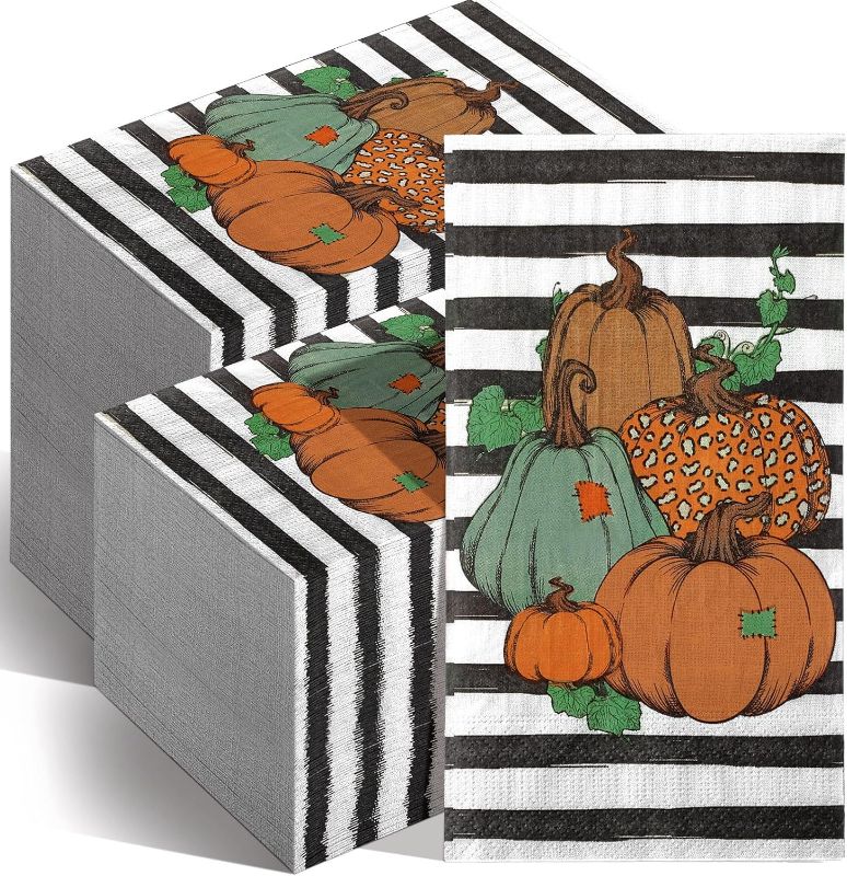 Photo 1 of 200 Pcs Fall Pumpkin Guest Napkins Thanksgiving Disposable Hand Towel for Bathroom Decorative Stripes Pumpkin Paper Napkins Autumn Harvest Guest Towel for Dinner Home Kitchen Party Supplies
