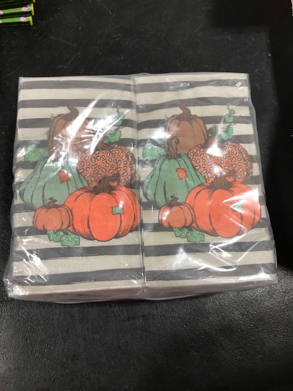 Photo 2 of 200 Pcs Fall Pumpkin Guest Napkins Thanksgiving Disposable Hand Towel for Bathroom Decorative Stripes Pumpkin Paper Napkins Autumn Harvest Guest Towel for Dinner Home Kitchen Party Supplies
