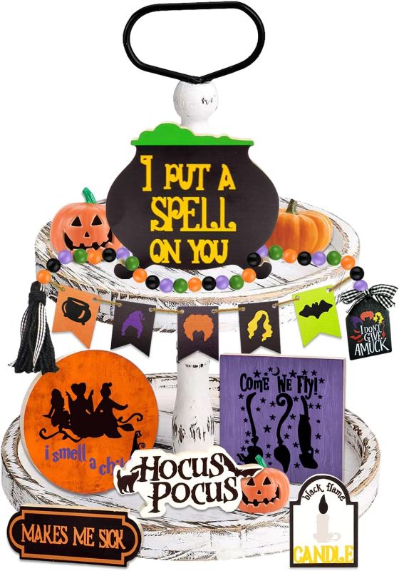 Photo 1 of 12pcs Halloween Witches Character Tiered Tray Decor Halloween Witches Wooden Signs with Halloween Bead Garland Halloween Rustic Farmhouse Decor for Halloween Trick or Treat Party Supplies 