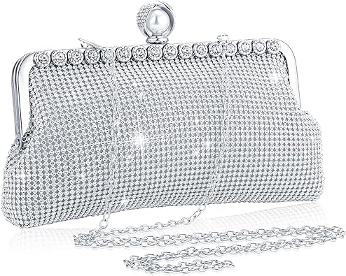 Photo 1 of Clutch Purse Evening Bag Women Rhinestone Glitter Handbag Double Sided with Chain Crossbody Purse Shoulder for Wedding Party (Silver, Elegant Style)
