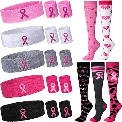Photo 1 of 20 Pcs Breast Cancer Survivor Gifts for Women 5 Pairs Breast Cancer Awareness Compression Socks 10 Pcs Terry Cloth Wristbands and 5 Pieces Pink Ribbon Headbands for Tennis Basketball Athletic 