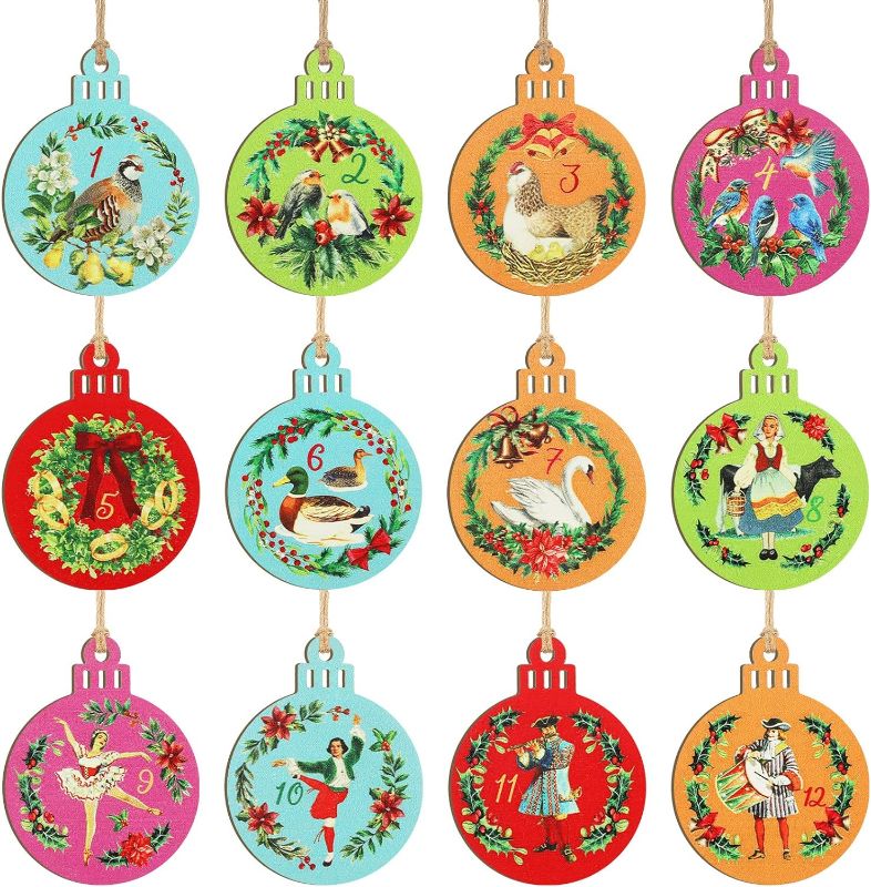 Photo 1 of 12 Pieces 12 Days of Christmas Ornaments Wooden Christmas Ornament Hanging Christmas Tree Decorations 3.15 Inches Rustic Vintage Cute Xmas Ornaments for Party Supplies Wall Decor Indoor Outdoor