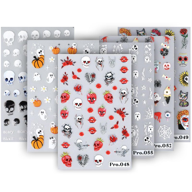 Photo 1 of 2 PACK-Halloween Nail Art Stickers 3D Self-Adhesive DIY Nail Decals Supplies Design for Halloween Party Decorations, Skull/Ghost/Pumpkin/Bat/Spider Web/Skeleton/Cat (6 Sheets) 6sheets Halloween Nail Stickers for Women and Kids