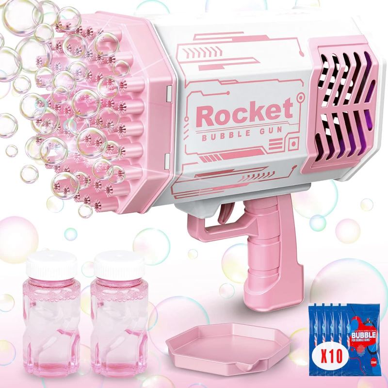 Photo 1 of Bazooka Bubble Gun Machine, 69 Holes Bubble Machine Gun with Colorful Lights, Rocket Boom Bubble Blower for Adults Kids, Bubble Maker Toys for Party Outdoor Wedding Birthday Gift (Pink) 