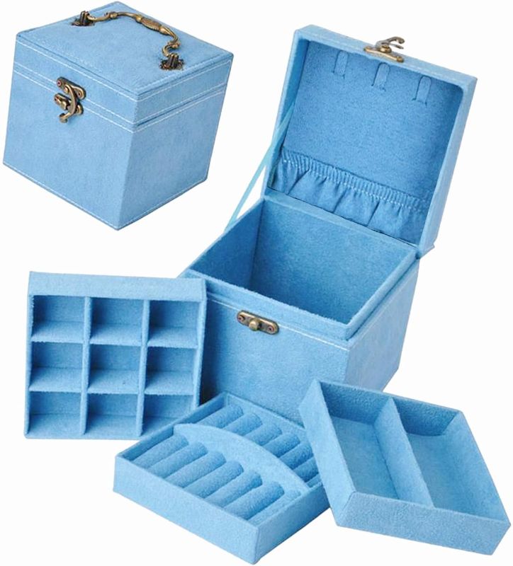 Photo 1 of Anguipie Jewelry Box, 3 Layers Jewelry Organizer Box for Women Girls, Small Jewelry Storage Box for Vintage Style, Earring Accessories Storage Travel Jewelry Case, Blue 