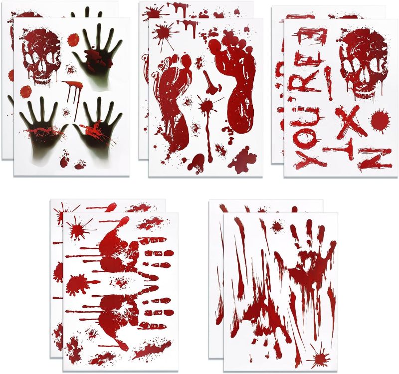 Photo 1 of 2 PACK-Halloween Decorations-10 Sheets Halloween Window Clings-Scary Bloody Handprint Skullprint Footprint Window Stickers Decals for Window Floor Glass Bathroom Indoor Outdoor Halloween Party Decor 