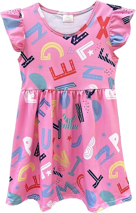 Photo 1 of AQHOFSV Girls Flutter Sleeve Back to School Fun Supplies Print Dresses Children Summer Clothes Milksilk 3-7 Years SIZE 3T