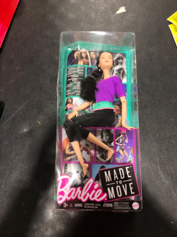 Photo 2 of Barbie Made to Move Posable Doll in Purple Color-Blocked Top and Yoga Leggings, Flexible with Black Hair