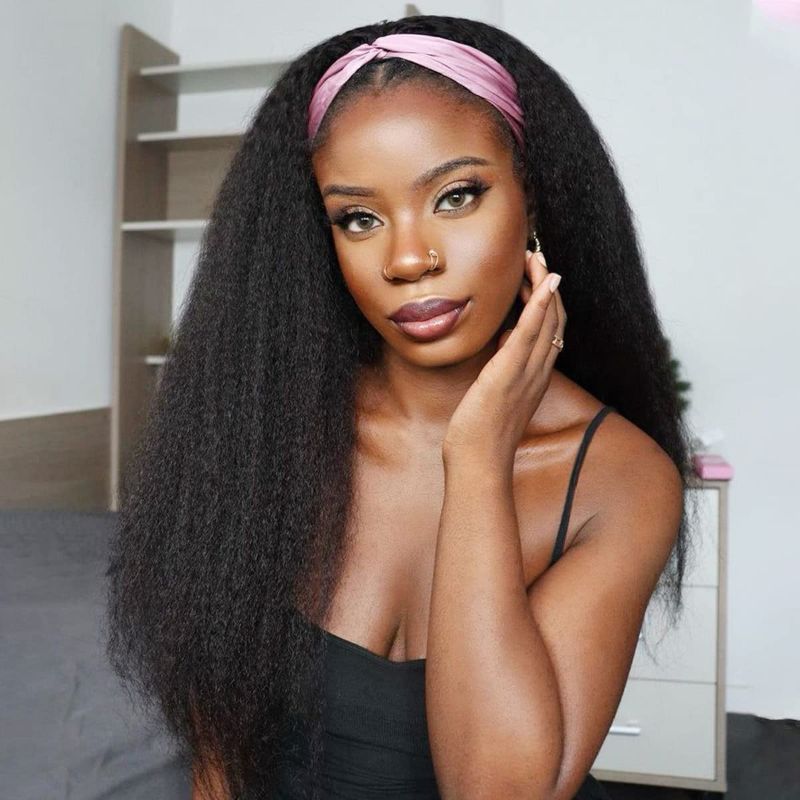 Photo 1 of Aminow Kinky Straight Headband Wig, Soft & Natural as Human Hair, Wear and Go Glueless Wigs for Black Women, Long Black Italian Yaki Synthetic Half Wig 24 Inch
