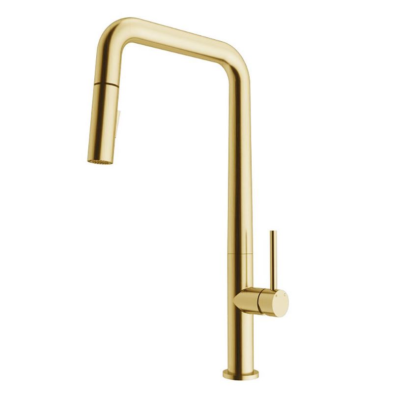 Photo 1 of AKDY Easy-Install Single Handle Deck Mount Squared Arc Pull Down Sprayer Kitchen Faucet with Flexible Hose in Brushed Gold