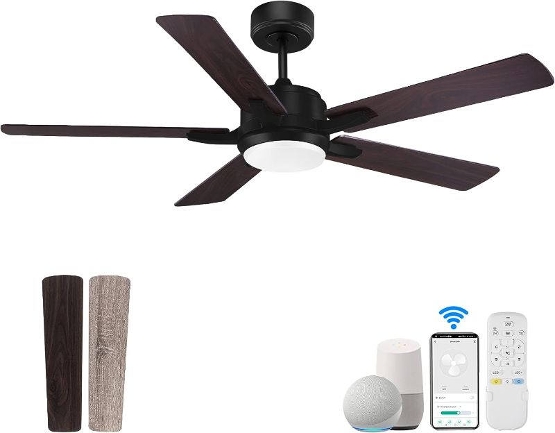 Photo 1 of 52” Smart Ceiling Fan with Lights Remote Control,Quiet DC Motor,Outdoor Indoor Modern Ceiling Fans work with WIFI Alexa App,High CFM 6 Speed,Dimmable LED Light,Black/Grey for Bedroom Living Room Patio
