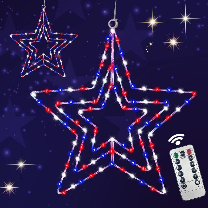 Photo 1 of 4th of July Decorations, 2Pack Upgraded 14.2 Inch Red White and Blue Lights 220 LED Rotatable Patriotic Window Decoration Lights with Remote, 8 Modes&USB Powered for Fourth of July Memorial Day Decor