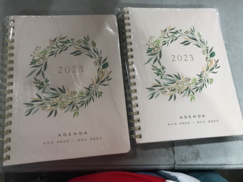 Photo 2 of Fringe Studio 2023 Spiral Planner, Aug 2022 - Dec 2023, 17 Month, Weekly and Monthly, Paper Cover," EUCALYPTUS WREATH ", 236 pages, 9.785" x 6.75" (844205) 2023 Eucalyptus Wreath 2 Pack