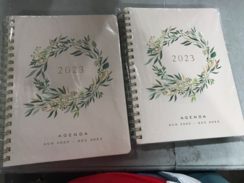 Photo 2 of Fringe Studio 2023 Spiral Planner, Aug 2022 - Dec 2023, 17 Month, Weekly and Monthly, Paper Cover," EUCALYPTUS WREATH ", 236 pages, 9.785" x 6.75" (844205) 2023 Eucalyptus Wreath 2 PACK