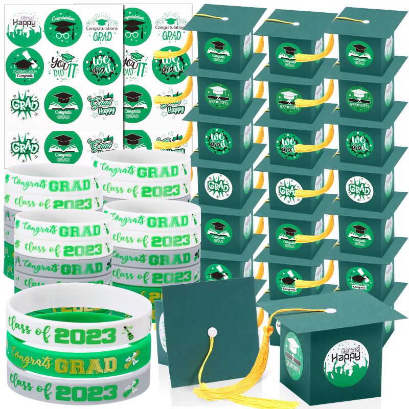 Photo 1 of 150 Pcs 2023 Graduation Party Favors 72 Pcs Gift Candy Boxes Graduation Wristbands with Stickers Grad Cap Box Class of 2023 Silicone Bracelets for Graduation Party Supplies (Green)