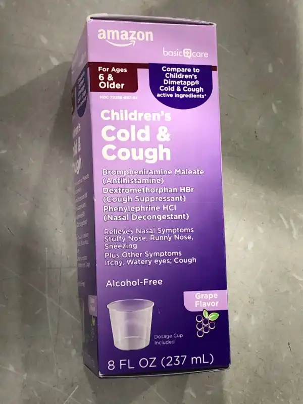 Photo 2 of Amazon Basic Care Children's Cold and Cough Relief DM Medicine, Soothes Cough, Relieves Allergy Symptoms, Red Grape Flavor Liquid, 8 Fluid Ounces 
3PACK
11/23