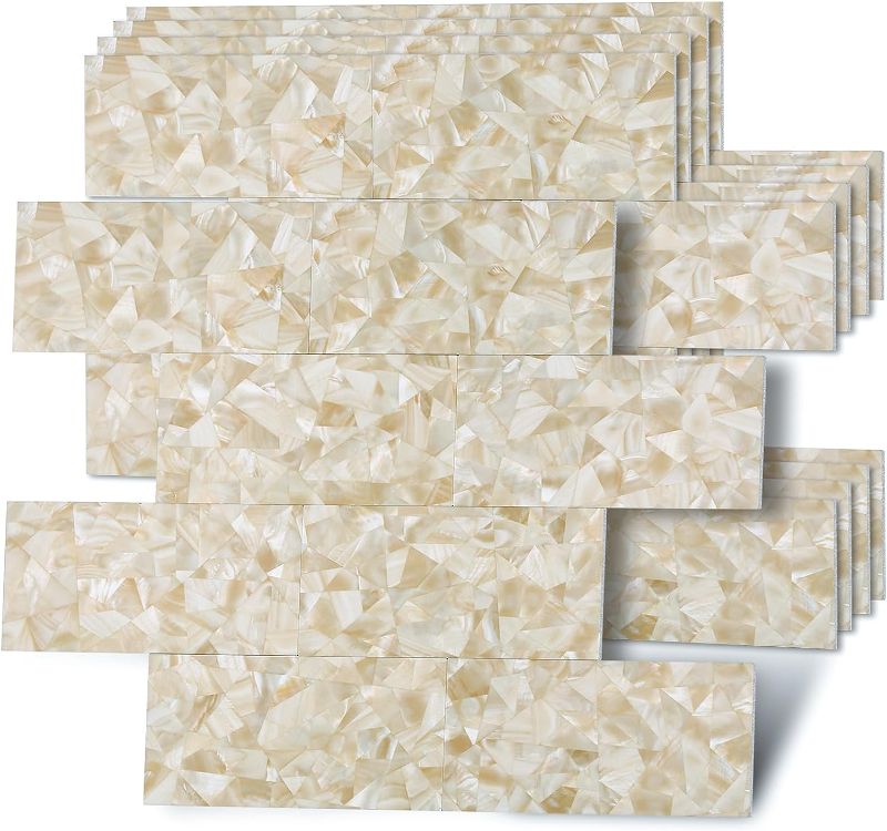 Photo 1 of 10-Sheets Backsplash Peel and Stick PVC Subway Tile Stick on Kitchen Bathroom Fireplace Mother of Pearl Imitation Seashells in Beige Golden