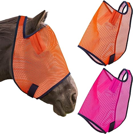 Photo 1 of 2 Pieces Horse Mask Protective Equine Mask Adjustable Comfort Horse Masks, L, Orange, Pink
