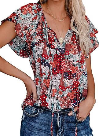 Photo 1 of FARYSAYS Women's 2023 Summer Boho Tops Floral Print V Neck Short Sleeve Casual Loose Blouses Shirts x large 