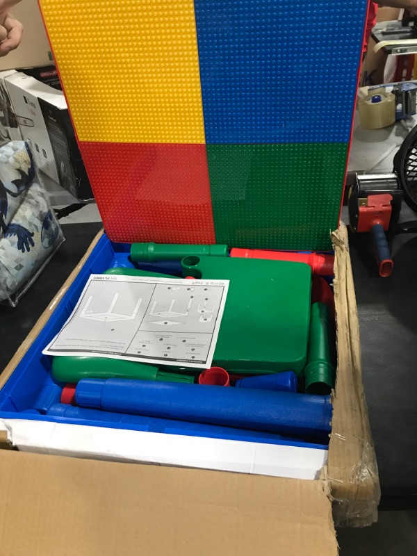 Photo 1 of Play Platoon 5 in 1 Kids Activity Table and Chair Set- Stem Table for Toddlers with Water Table, Building Block Table, Craft & Sensory Table for Toddlers with 2 Chairs & 25 XL Blocks – Primary Colors