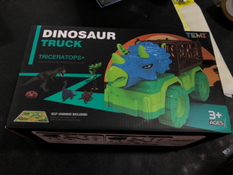 Photo 1 of Dinosaur Transport Truck Toy Play Set for Toddlers, Triceratops Cage Vehicle Carrier Car Toys for Kids 3 4 5 6 7 Years, Monster Truck with 8 Dino Figures & Play Mat, Gift for Boys and Girls Triceratops Dino Truck